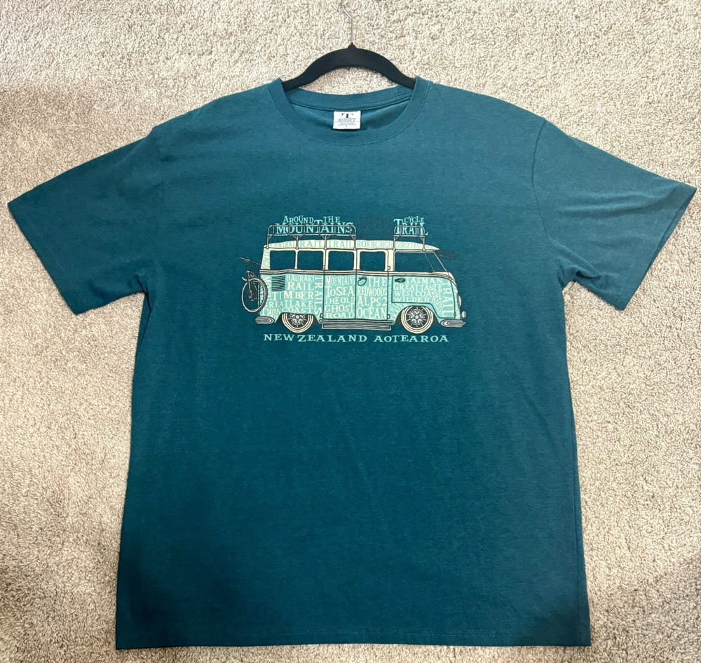 New Zealand Aotearoa Van Graphic T-Shirt Teal Mountains Trail Men's Large