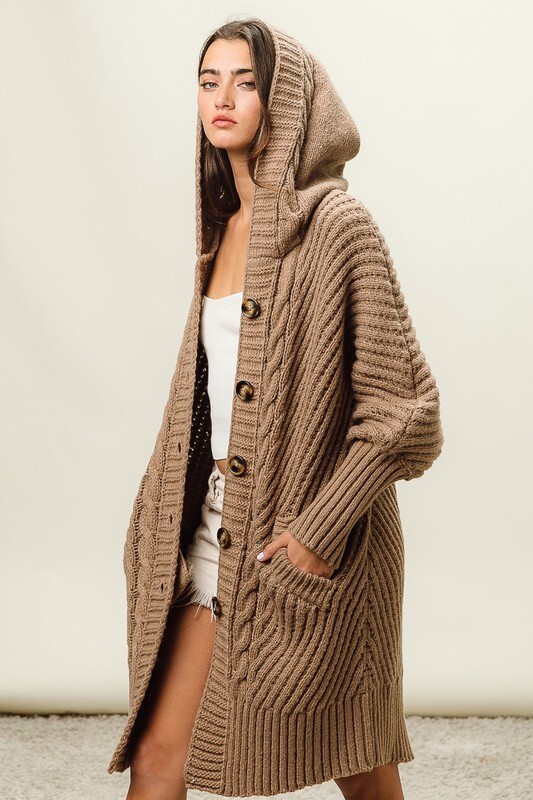 Oversized Chunky Cable Knit Hooded Duster Cardigan with Front Pockets
