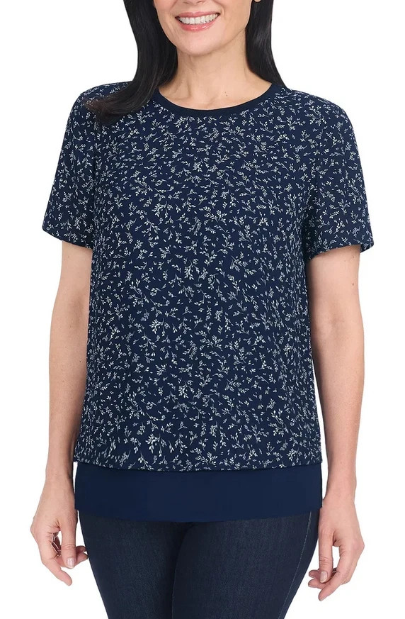 Hilary Radley Women's Short Sleeve Double Layer Blouse, Navy Combo, Size S