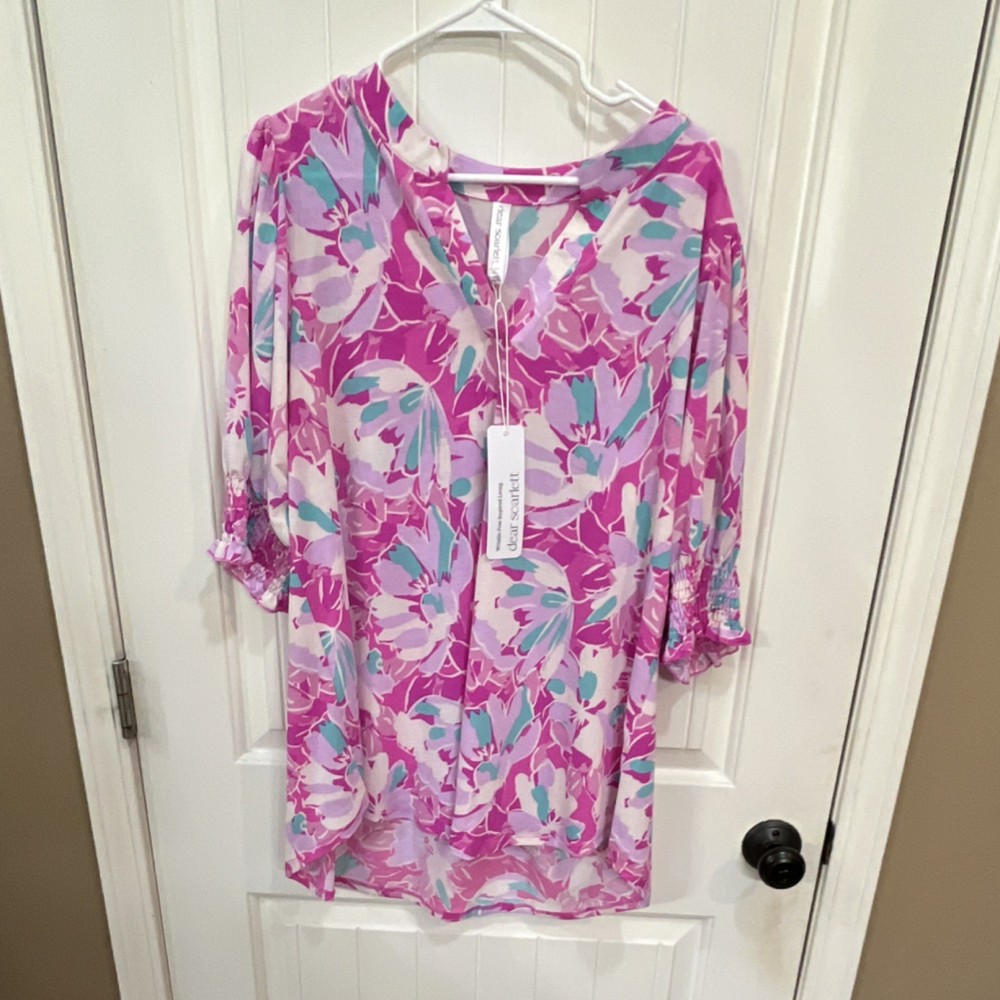 Dear Scarlett Women's Floral V-Neck 3/4 Sleeve Pullover Blouse XL