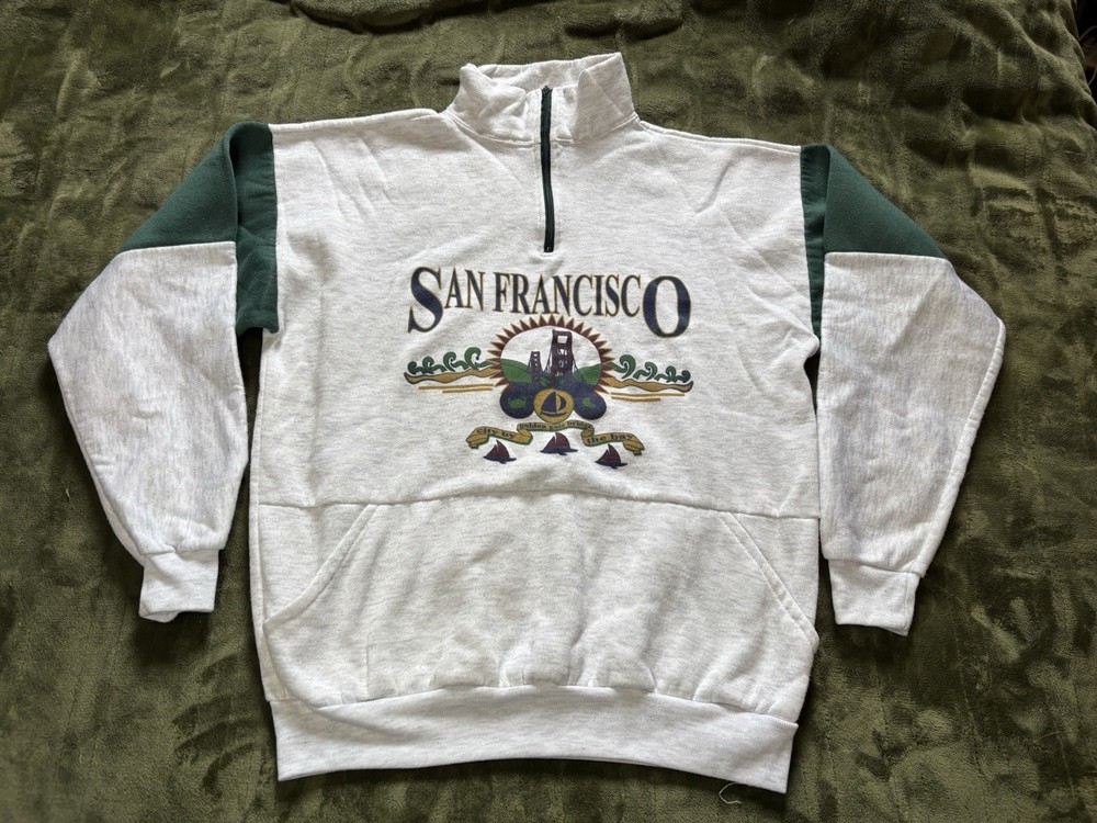 Vintage San Francisco Sweater Mens Large Gray 1/4 Zip Golden Gate Bridge 90s USA