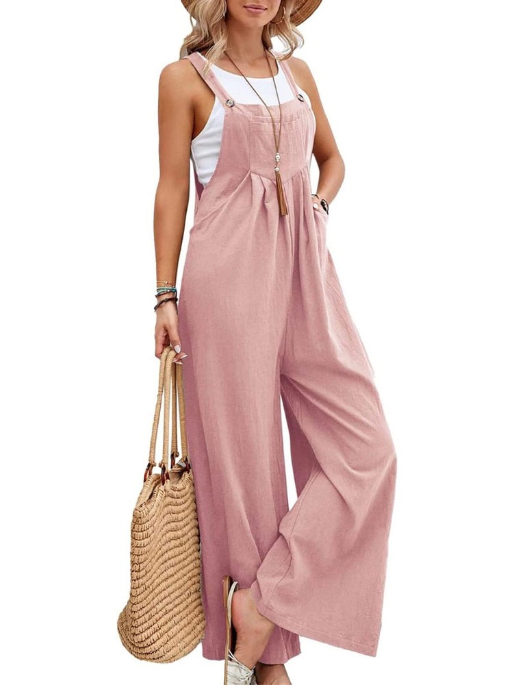 Womens Linen Casual Jumpsuits Straps Bib Overalls Baggy Pleated Palazzo Pants