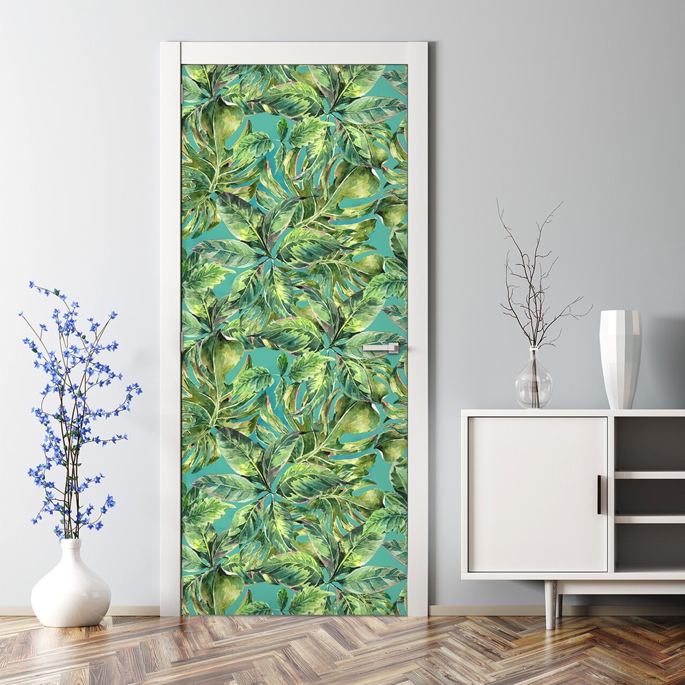 Bubble Free Door sticker Watercolour exotic Jungle plants Tropical flowers mural