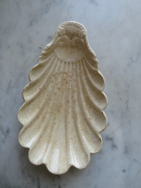 HEAVILY STAINED CRAZED Old White Ironstone Shell Shaped Serving or RELISH DISH