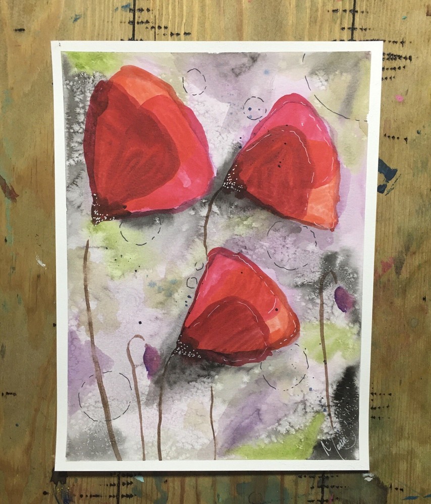 Maria Scalf Flowers Floral Abstract Botanical Poppy Watercolor Signed Art 9x12