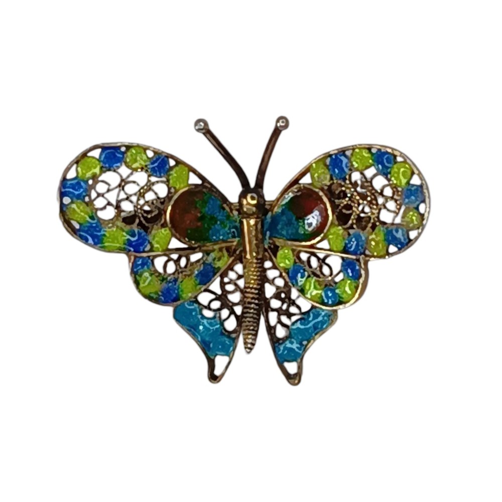 Vintage 800 Silver Guilloche Enamel Butterfly Filigree Brooch Pin Blue & Green