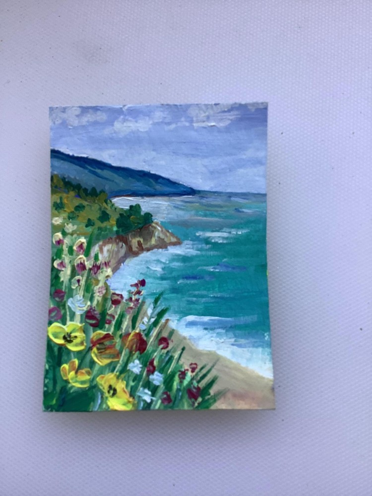 Original ACEO Coastal Landscape – Cliffside Blooms & Serene Sea View
