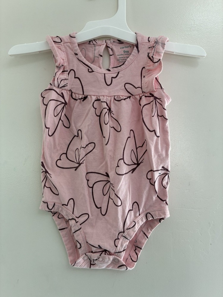 Carter's Baby Girl Allover Butterfly Pleated Ruffle 100% Cotton Bodysuit Pink 9M