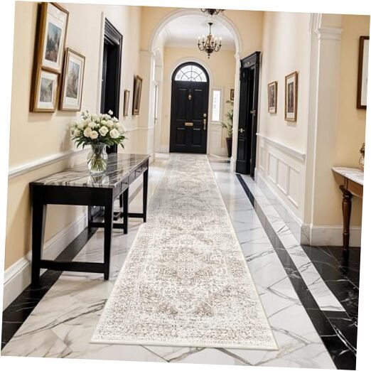 Hallway Runner Rug - Non-Slip Vintage Long Rug for 2'6''x16' Cream/Beige