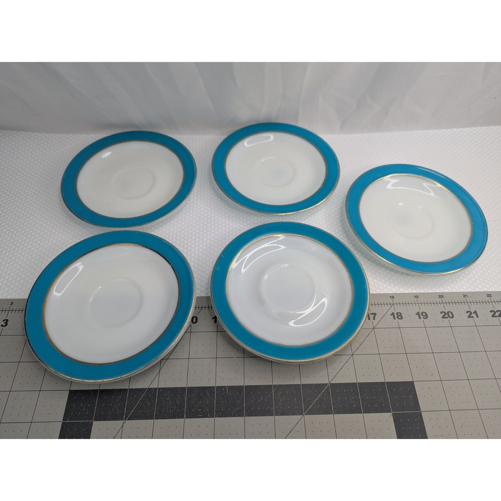 Pyrex Teal Blue Gold Stripe Plate Saucer 6.25 Inch Lot of 5