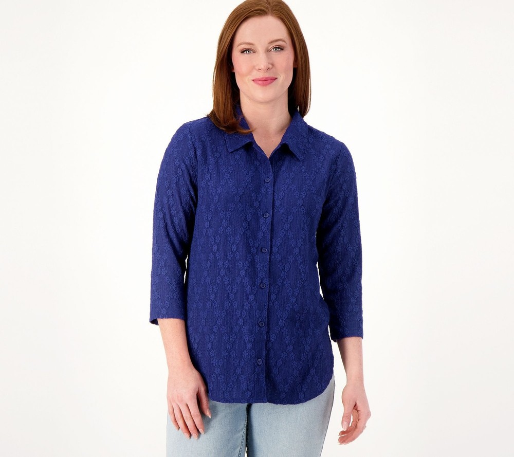 Isaac Mizrahi Live! Women's Top Plus Sz 1X Textured Knit -Sleeve Blue A608089
