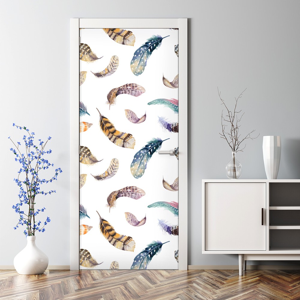Feathers Bubble Free Brown Blue Door Decal Large Home Decor Sticker