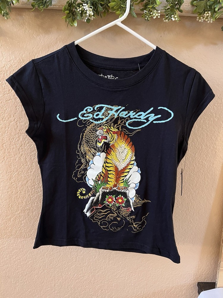 Ed Hardy Black Cap Sleeve Rhinestone Baby Tee Large NWT Authentic! Y2K