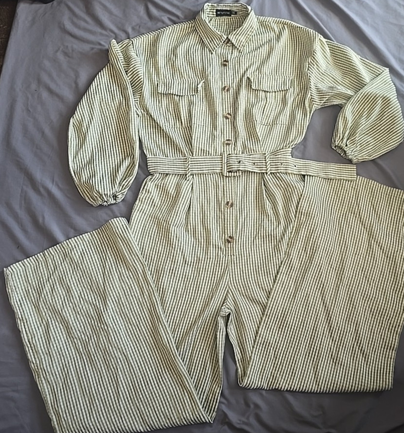 Pretty Little Thing Sage Green Gingham Belted  Jumpsuit Size 14