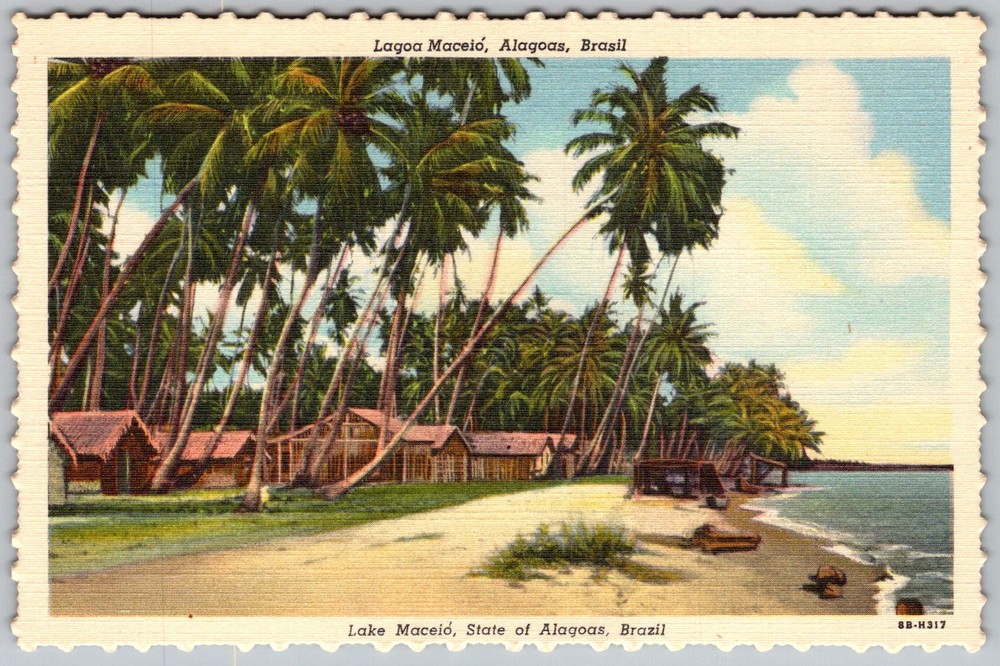 Vtg Linen Postcard Palm Huts Beach Scene Maceio, Alagoas, Brazil 1940s