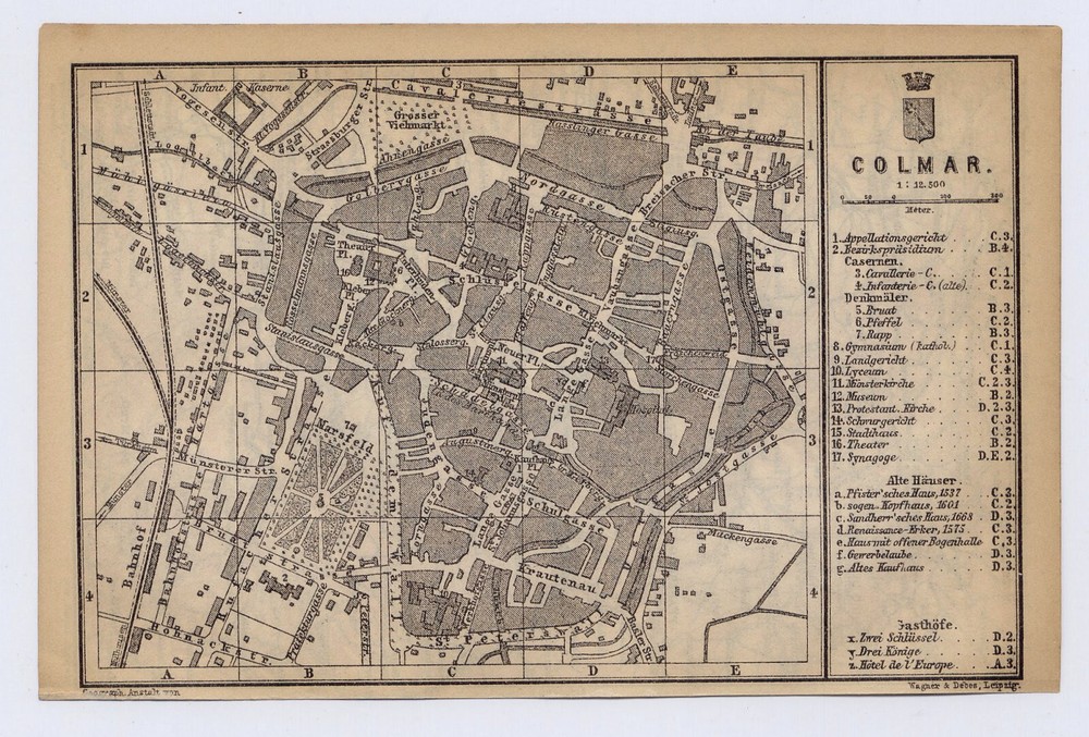 1896 Antique Map Of Colmar / Alsace Elsass / France Germany