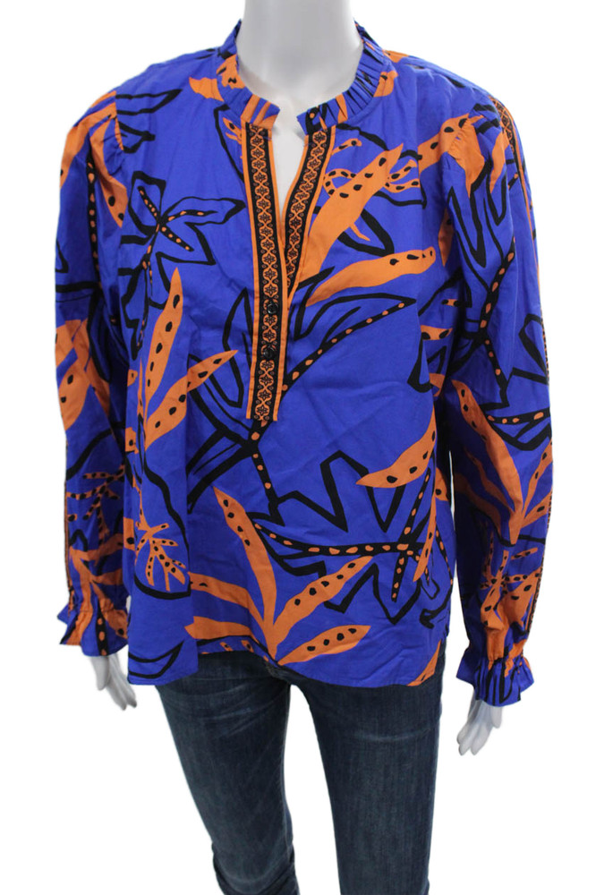 Maude Vivante Womens Cotton Abstract Print Long Sleeve Blouse Top Blue Size XLFree Shipping in US $100+ Orders | $6.95 Orders Below