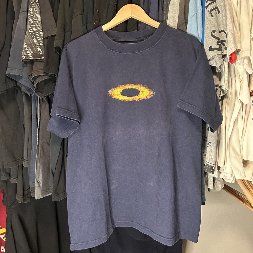 Vintage Oakley Software Shirt Faded Blue Y2K Logo Sun Flame Graphic T-Shirt SZ L