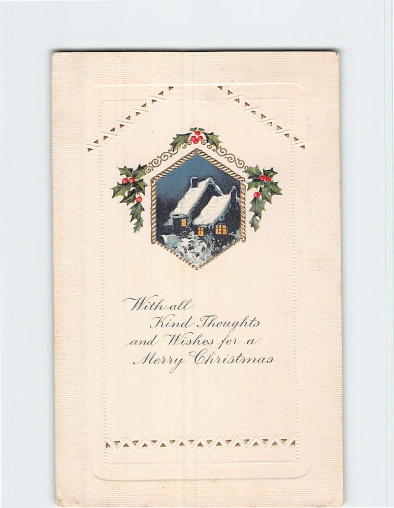 Postcard Winter Scene House Merry Christmas Greeting Embossed Card