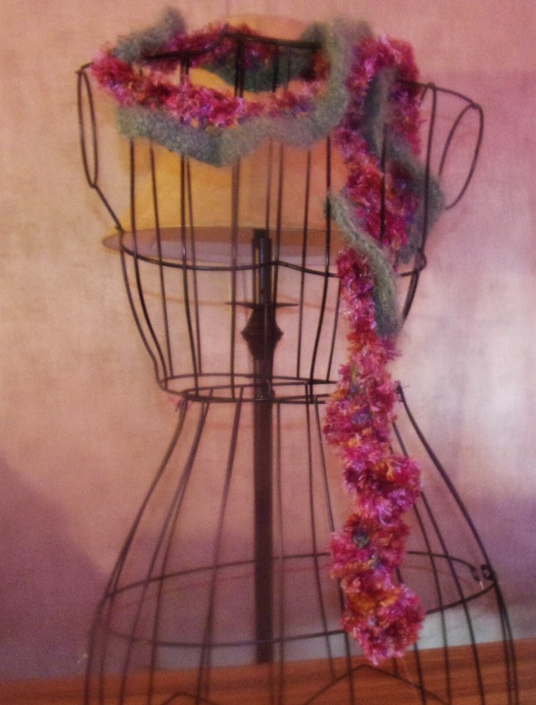 Scarf long hand crochet in raspberry, pink and sage green boa. Wearable Art