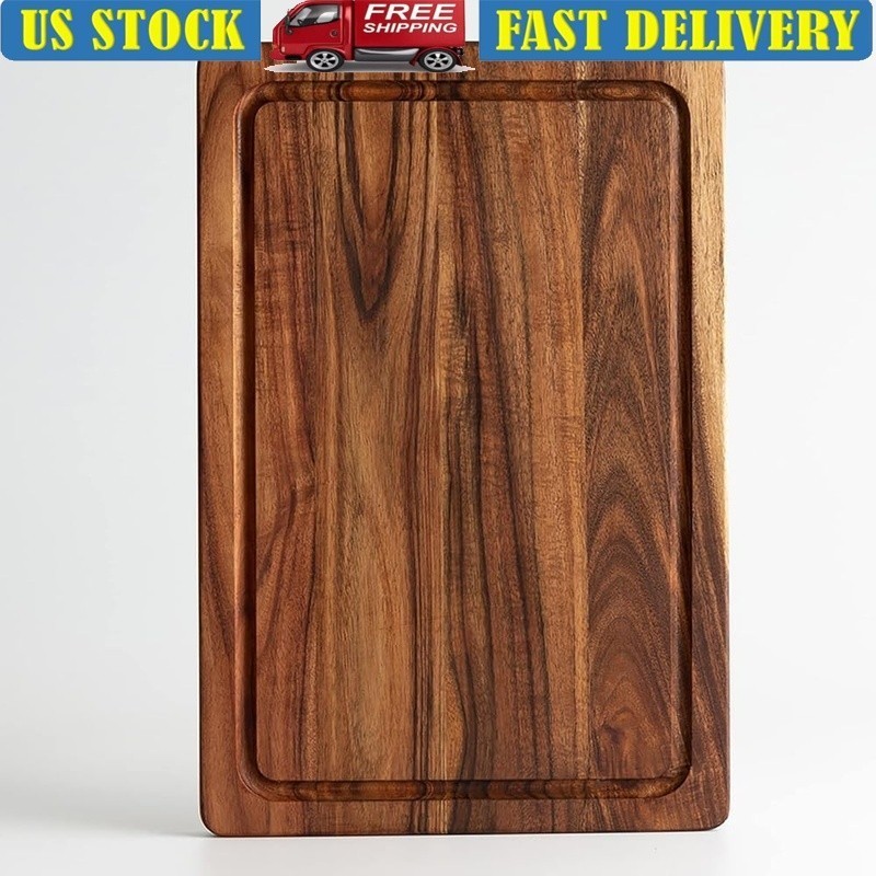Reversible Acacia Cutting Board W/ Juice Groove Handgrips Meat Cheese Serving US