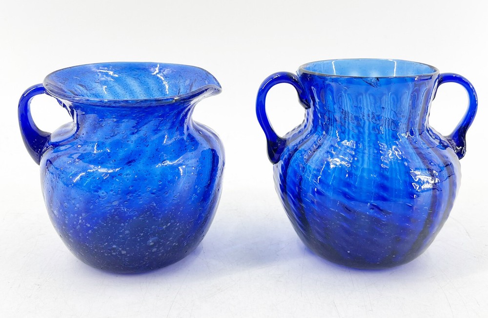 VTG Cobalt Blue Swirl Bubbles Hand Blown Art Glass Creamer Open Sugar Bowl Set