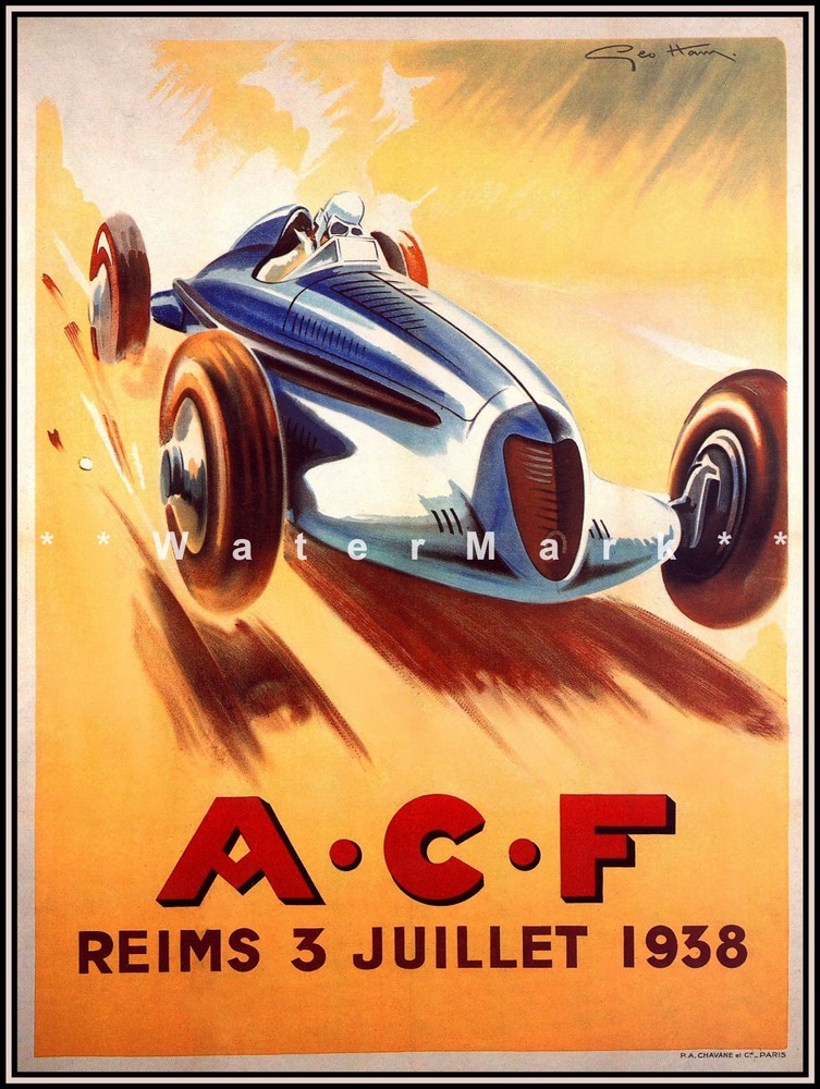 French Car Race ACF Reims France 1938 Vintage Poster Print Retro Racing Art