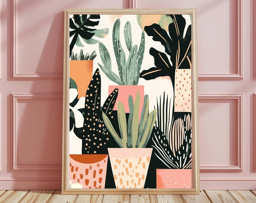 Boho Botanical Plant Pots Print Boho Wall Art Emerald Color Floral Motifs