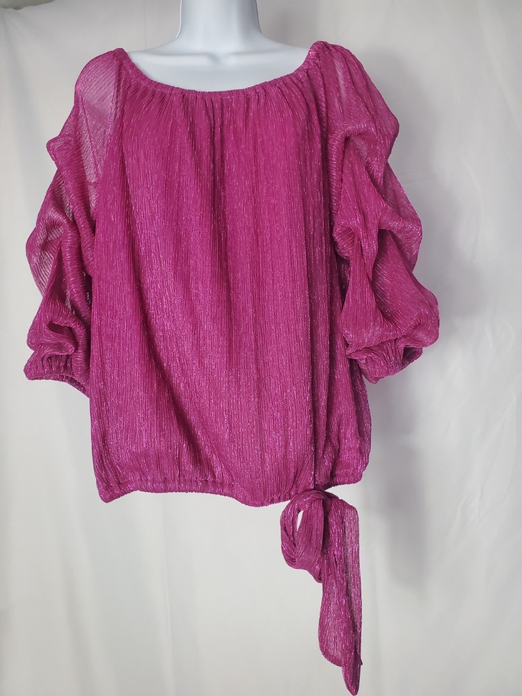 CeCe Magenta Metallic Peasant Blouse Size Large Shimmer Off Shoulder Top