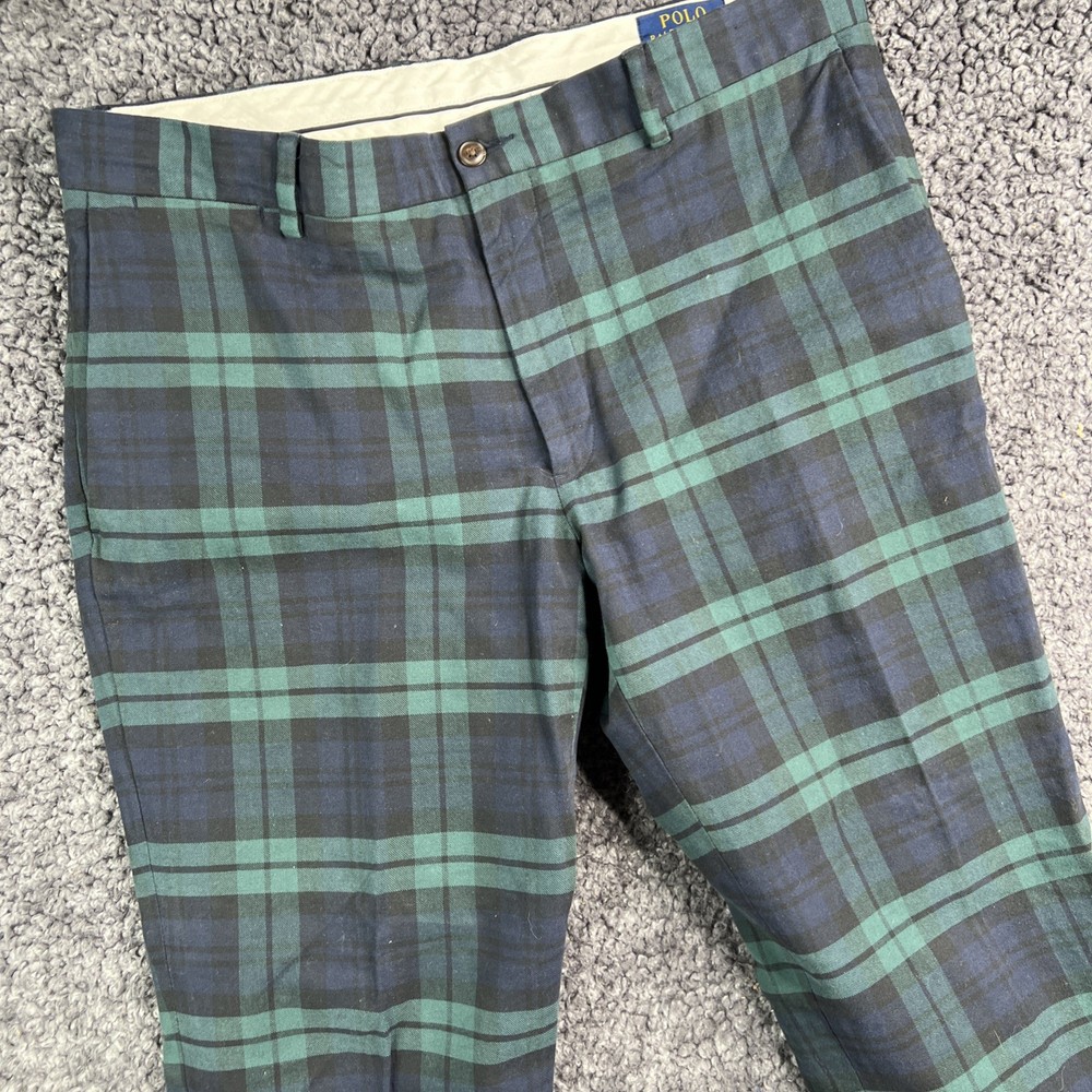 Polo Ralph Lauren Pants Mens 36 X 32 Stretch Slim Fit Green Blue Tartan Plaid