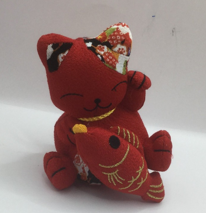 Maneki Neko Lucky Cat Plush Fabric Charm Red Fish Fortune Success Chirimen Luck
