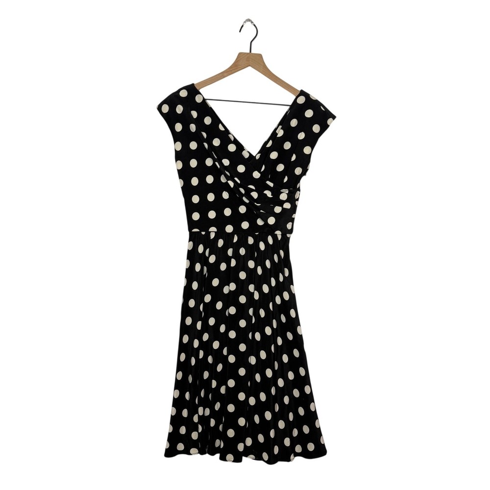 Steve Stolman Vintage Silk Midi A-Line Dress Sz 6 Black Polka Dot Surplice Retro