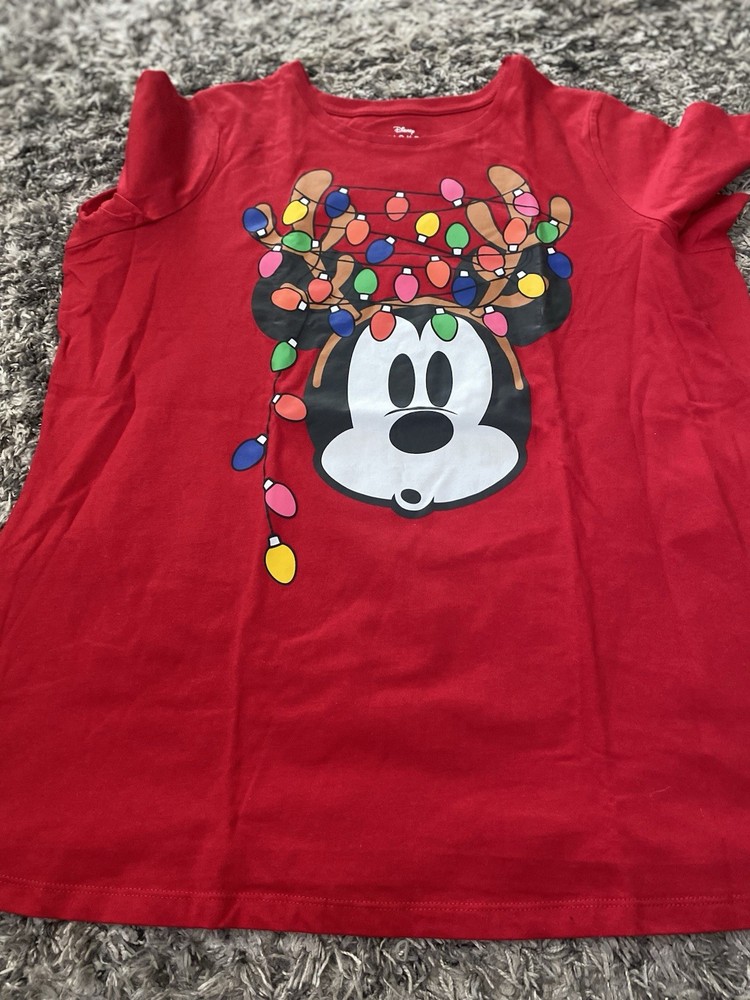 Disney Mickey Mouse Red 100% Cotton T-Shirt L Adult Unisex Christmas Lights