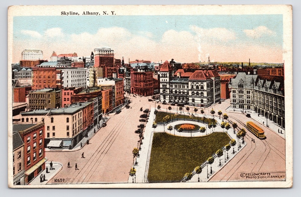 Downtown Skyline Aerial View Trolley Albany New York NY 1920s Postcard