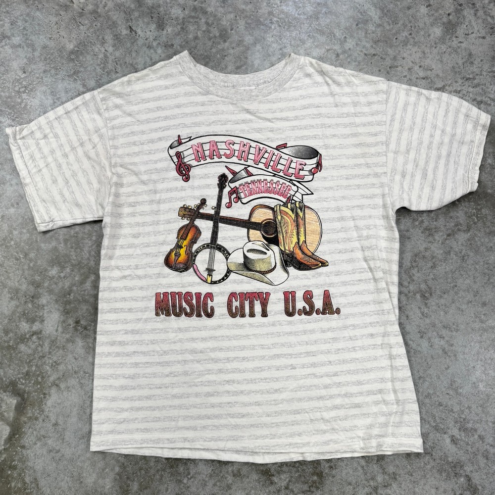 Vintage Nashville Tennessee shirt mens Large 90s Country music striped USA gray