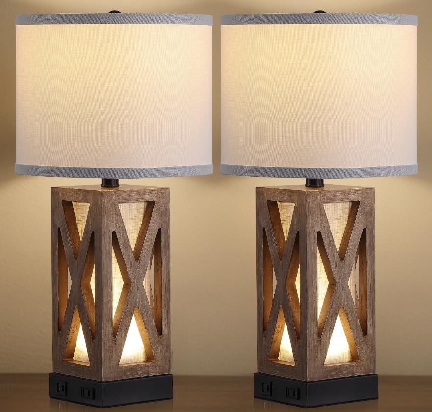Set of 2 Wood Table Lamp, Vintage Nightstand Lamp with USB 2 Sets, Burlywood