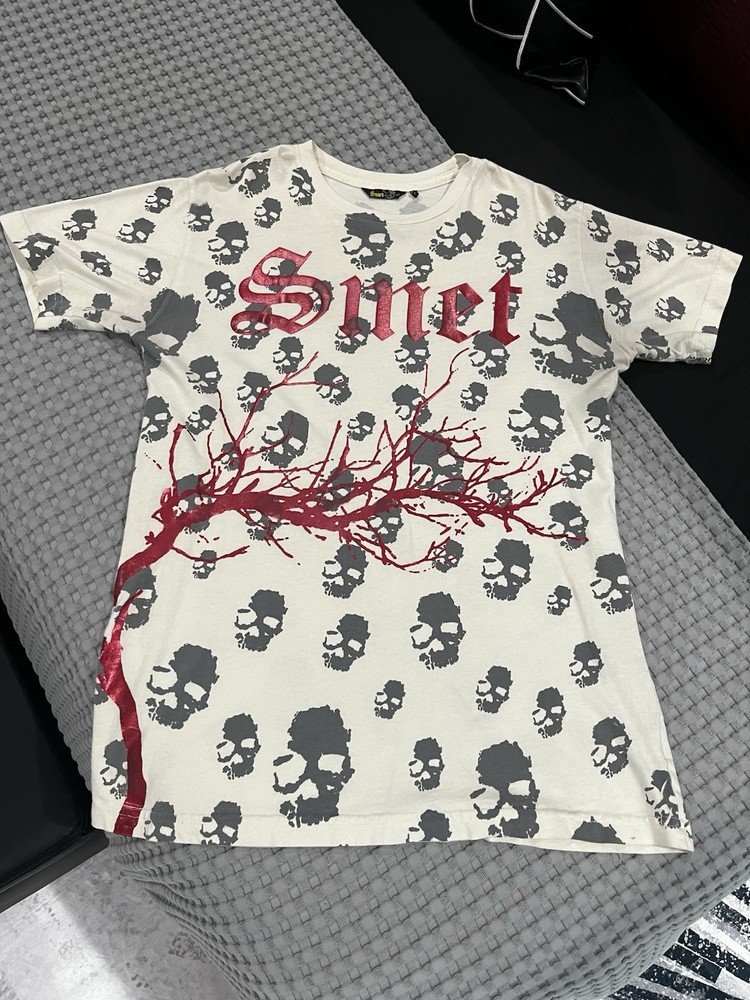 RARE Smet Skull Graphic Print White Gray Red Men's T-Shirt Regular Size L