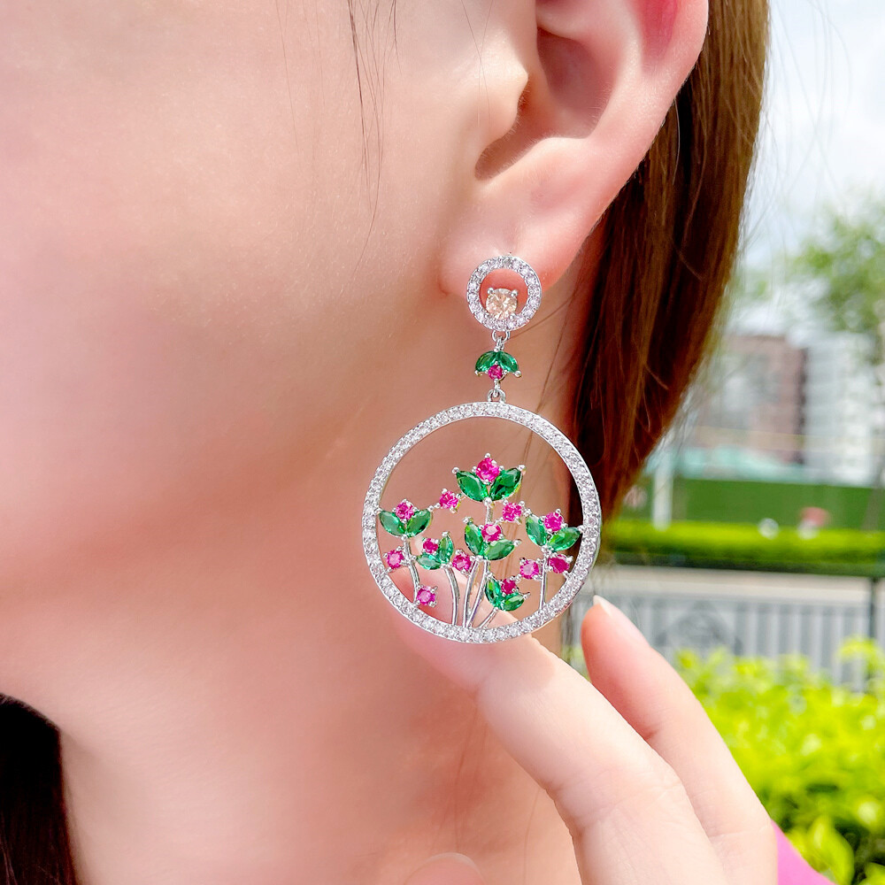Women Boho Silver Plated Cubic Zircon Round Flower Long Drop Earrings Party Gift