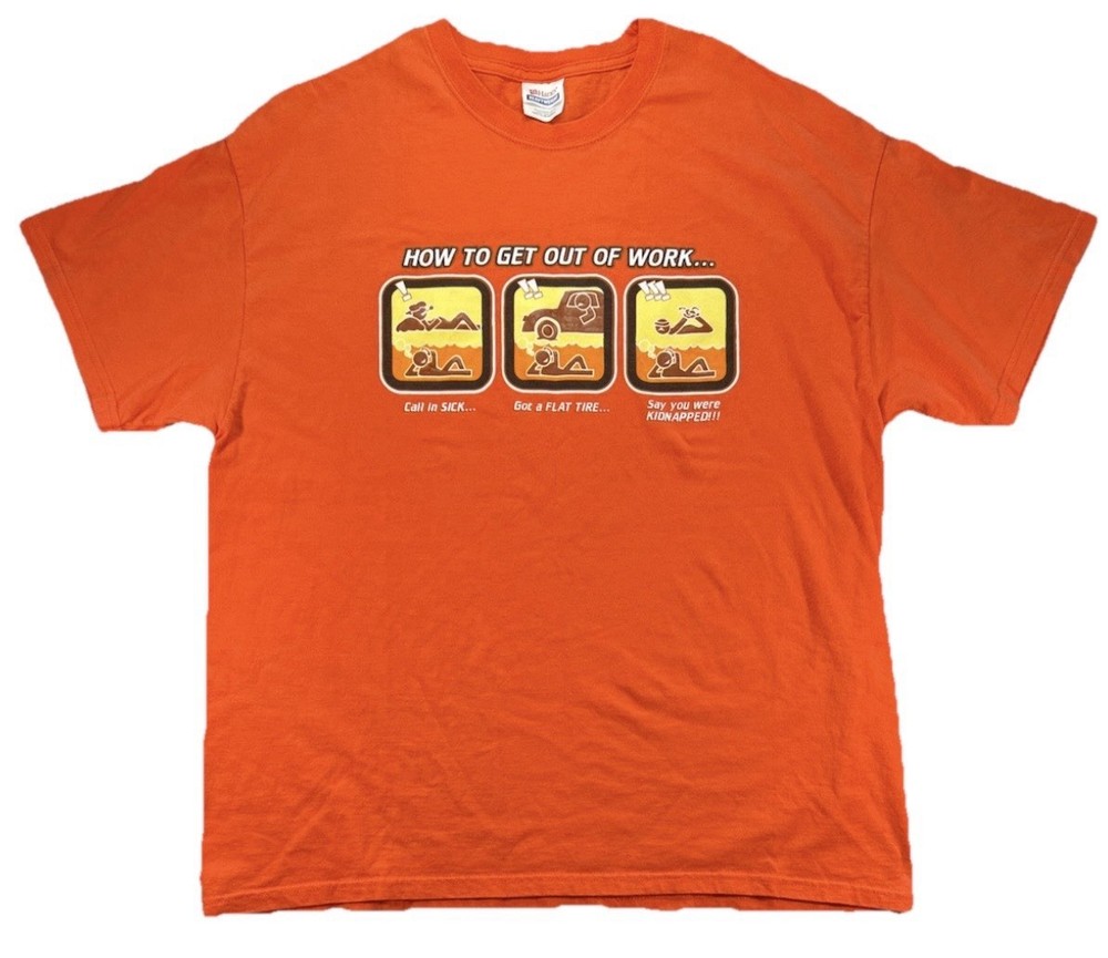 Vintage How to Get Out of Work Funny T Shirt Men's XL Orange Y2K Humor Skate