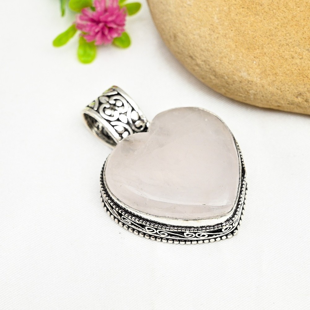 Natural Rose Quartz Gemstone Heart Pendant 925 Sterling Silver Handmade Jewelry