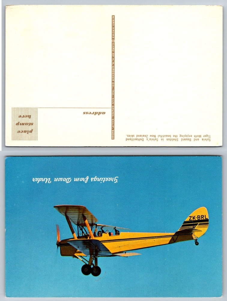 Vintage Mirro-Krome DeHavilland Tiger Moth Biplane ZK-BRL New Zealand Postcard