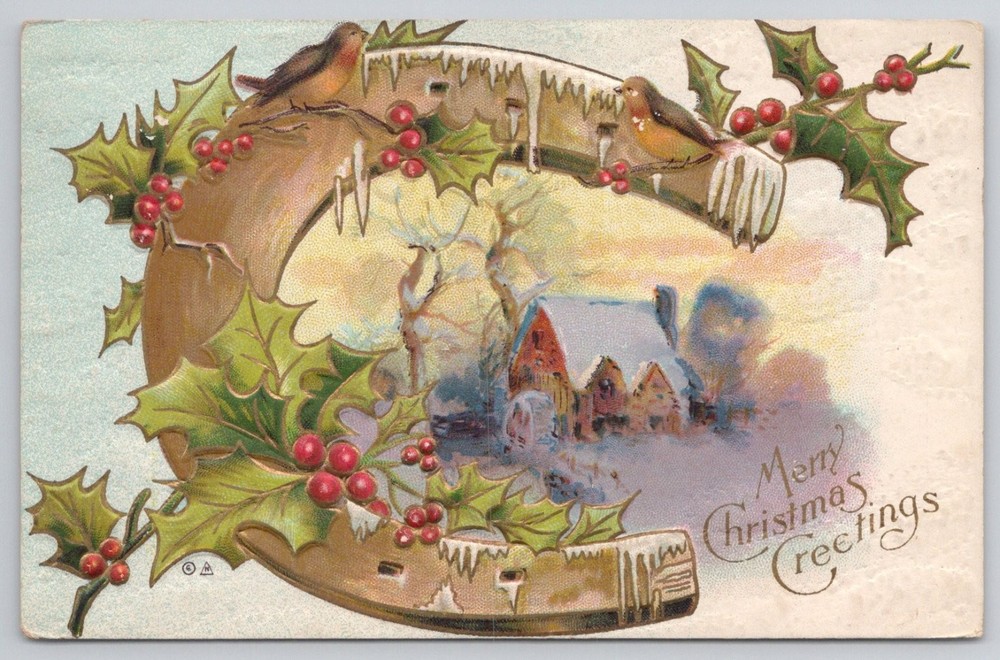 1910 E. Nash Christmas Postcard Embossed Holly Robins Snowy Scene