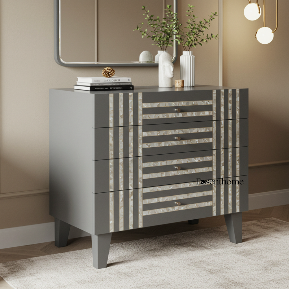 Charcoal Grey Mother of Pearl Inlay Nightstand – Handmade 3-Drawer Accent Table