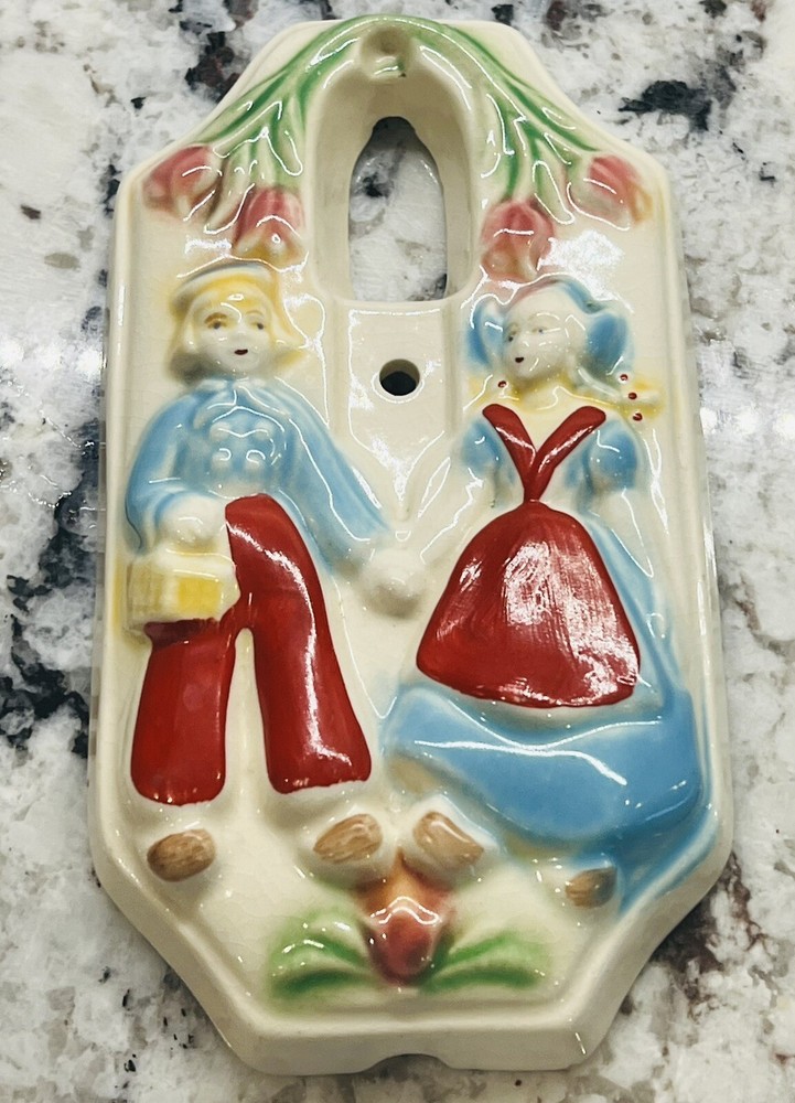 Vintage Holland Ceramic Light Switch Cover Featuring Dutch Boy & Girl Holding Hands in Blue & Red Design