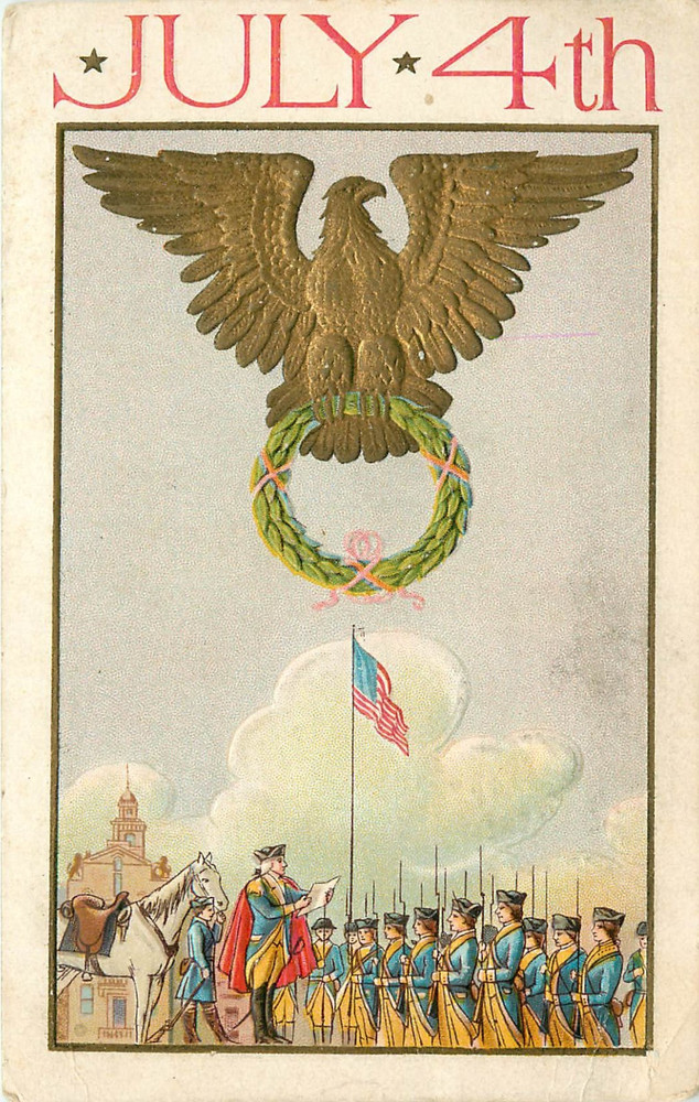 July 4 Patriotic Embossed Postcard. American Eagle. Flag. George Washington?