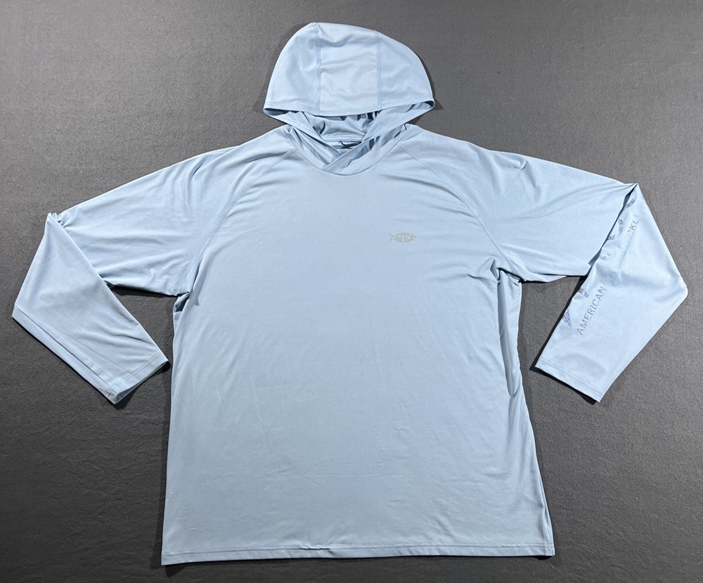 Aftco Fishing Shirt Men’s 2XL Light Blue Hooded Long Sleeve Breathable **READ