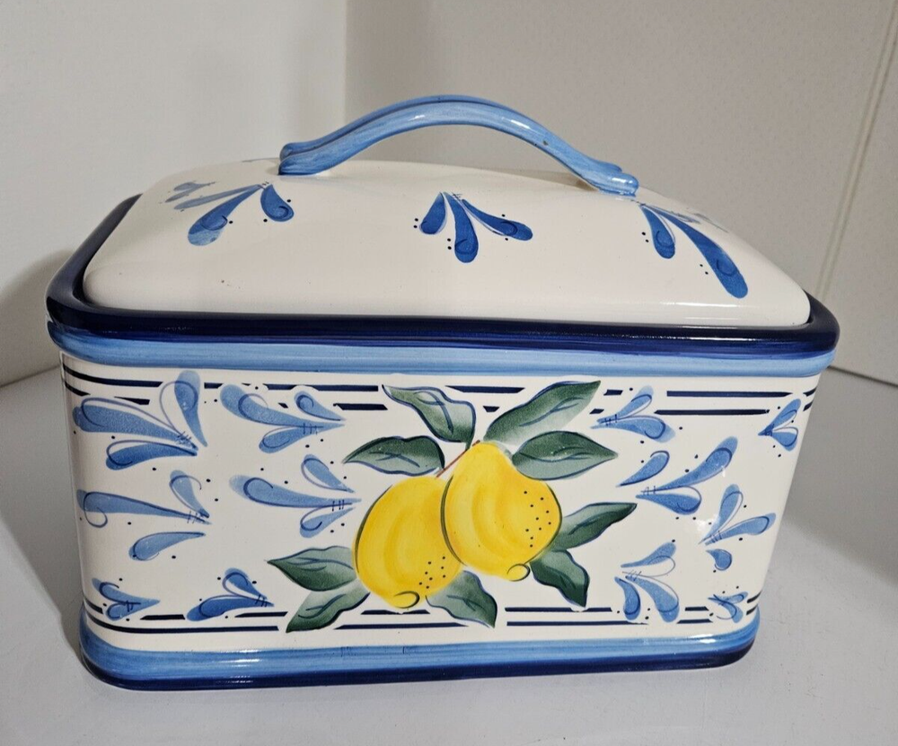 Stonelite Inspirado Seattle USA Lemon Design Bread Box Cookie Jar Hand Painted