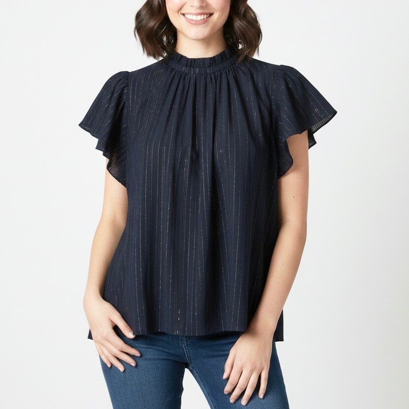 Trovata Birds of Paradis Carla Metallic Navy Stripe High Neck Top Size Small
