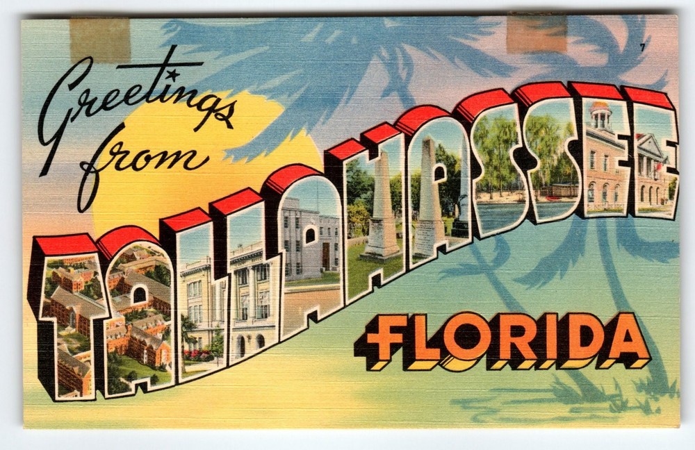 Vintage Linen Greetings From Tallahassee Florida Large Letter Postcard