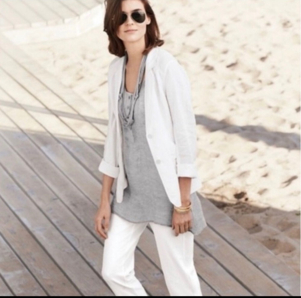 Eileen Fisher medium 100% Organic Linen Notch Collar Blazer White Beach Summer